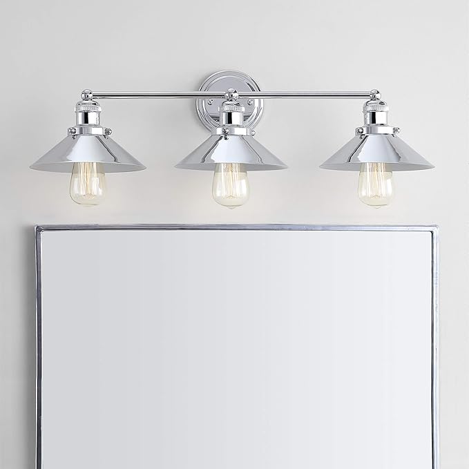 JONATHAN Y 26.5" Chrome 3-Light Industrial Farmhouse Metal Vanity Light Wall Sconce, Metal Shade for Bathroom Mirror, Kitchen, Entryway, LED Bulb Included (JYL7425A)