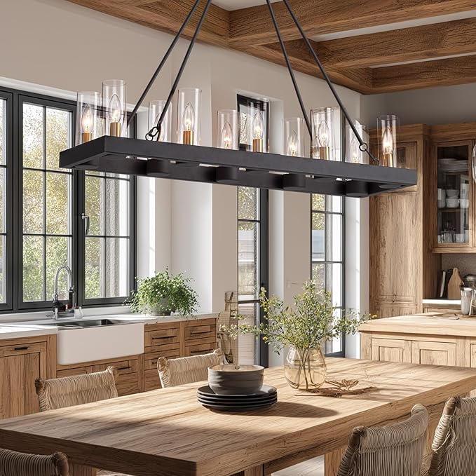 35.4" Farmhouse Rectangle Chandelier for Dining Room, 10-Light Black Hanging Fixture with 59" Adjustable Wires, Rustic Kitchen Island Ceiling Light