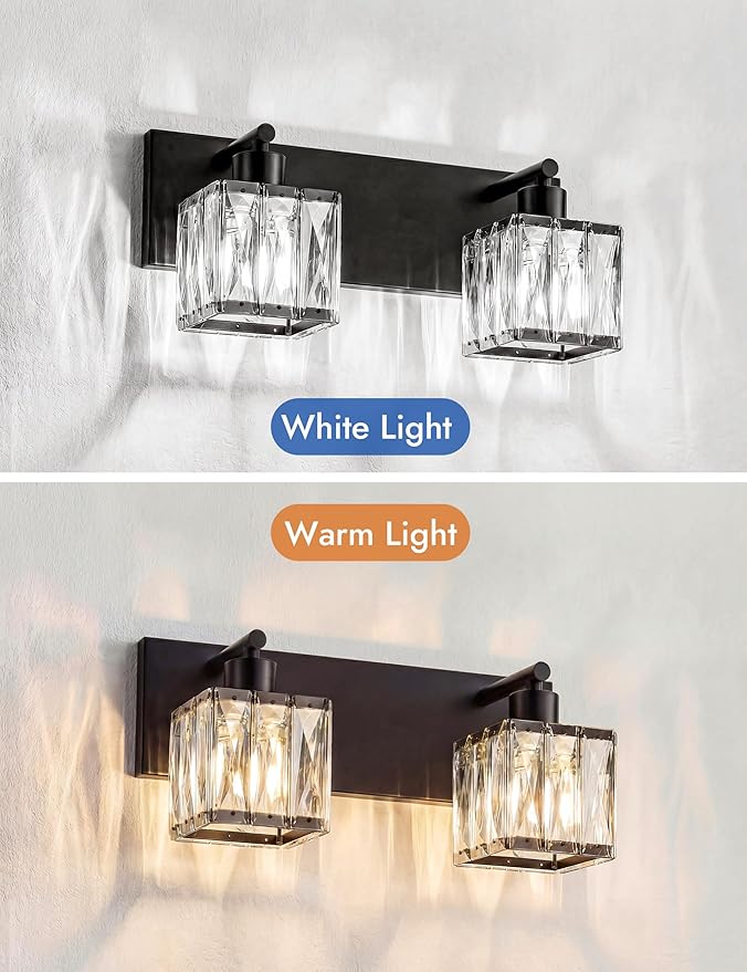 VOLISUN Black Bathroom Light Fixtures, Modern Bathroom Lighting Fixtures Over Mirror, 2 Light Bathrooms Vanity Light, Crystal Vanity Light for Bathrooms-UL Certificated(Exclude Bulb)