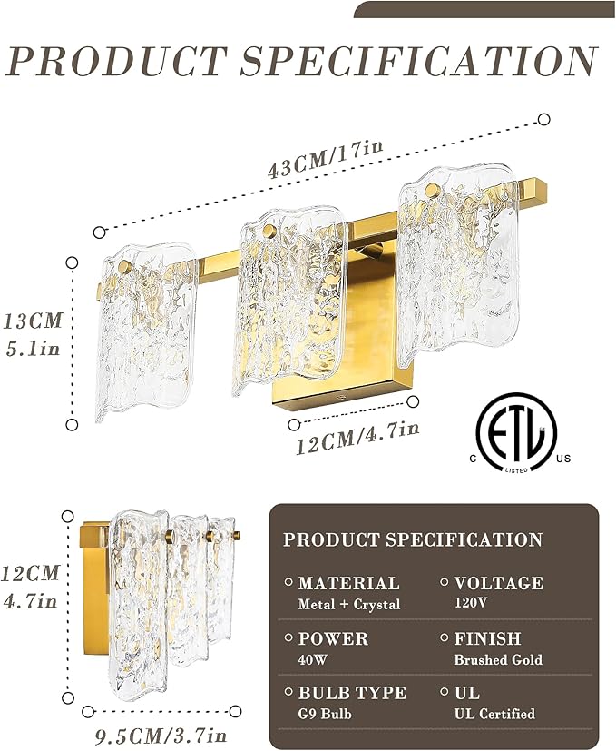 3-Light Bathroom Vanity Light, Brushed Gold Bathroom Light Fixture Over Mirror with Clear Glass, Modern Bath Wall Sconce Lighting for Bath Restroom, OS-MM5002-3BG