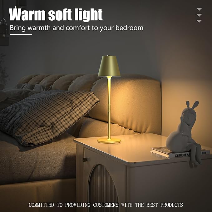 Timjorman 2-Pack Cordless Table Lamps - 5000mAh Rechargeable Battery Operated Desk Lamp, 3-Level Dimmable LED Night Light for Bedroom, Dining, Restaurant - Metal Design (Champagne Gold 2Pack)