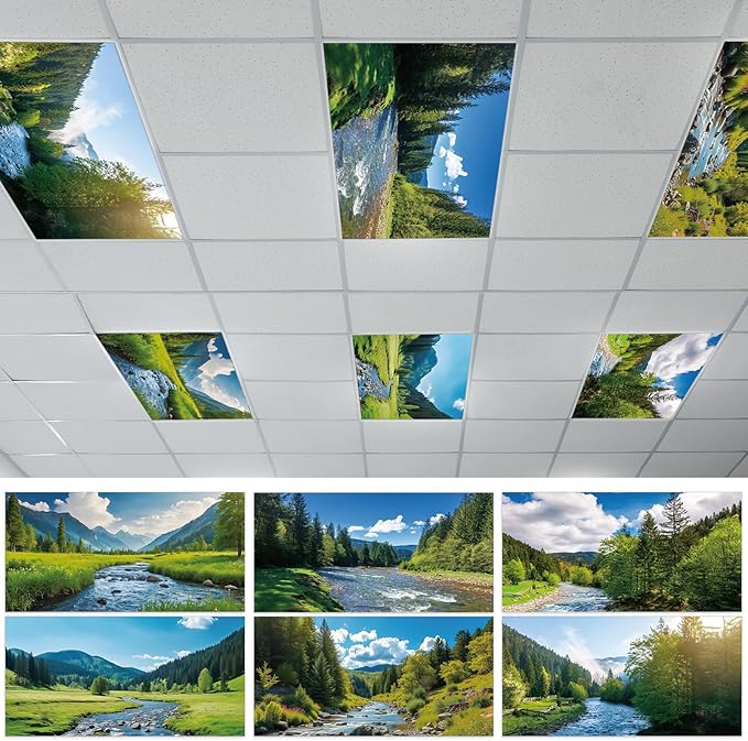 6 Pcs Landscape Scenery Fluorescent Light Covers for Classroom Mountains and Rivers Ceiling Lights 4 x 2 Feet Magnetic Light Cover Filter Easy Install for Office Hospitals Home Supplies(Landscape)