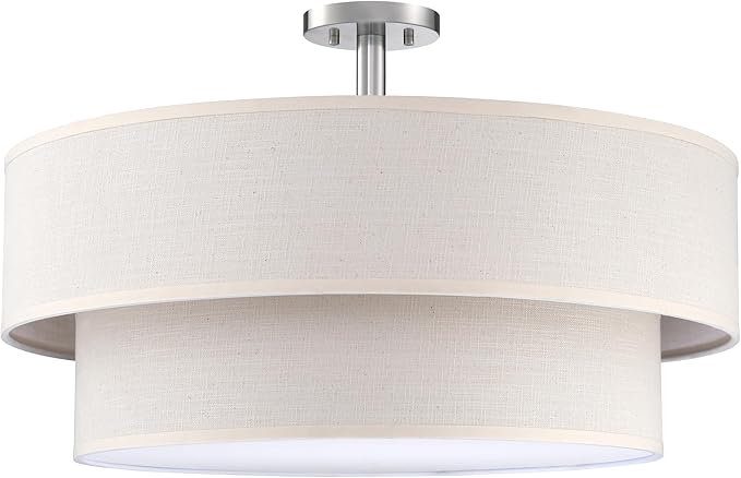 5 Light Semi Flush Mount Close to Ceiling Light Fixture,Cream Linen Fabric Shade Brushed Nickel Finish 22 inch for Bedroom,Living Room,Dining Room Hallway