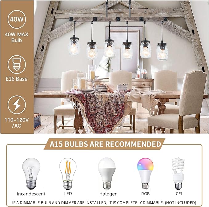 Farmhouse Kitchen Island Lighting, Mason Jar Chandelier, 6-Light Linear Rustic Chandelier, 30" Black Retro Imitative Wood Finish Pendant Light with Clear Glass Globes,Dining Room Bar Pool Table