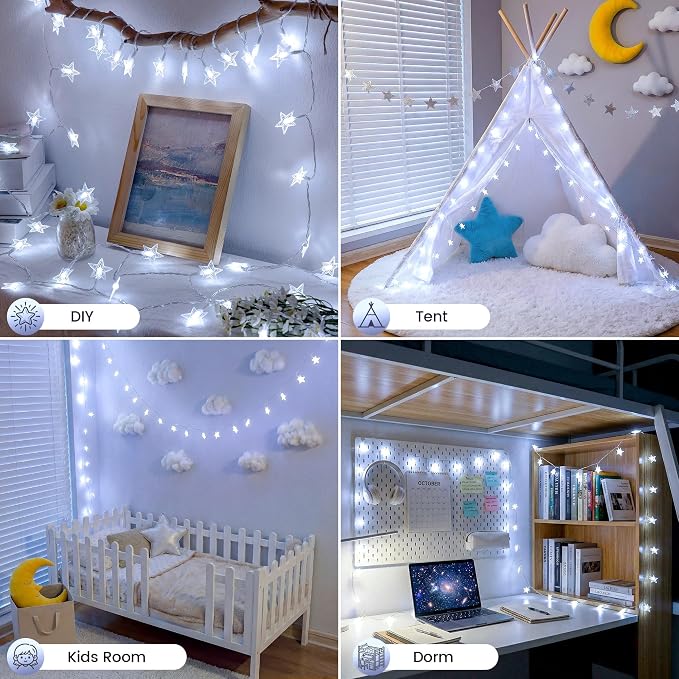 HEYFUNi White Star String Lights with Remote, 16FT USB/Battery Powered | 50LED Twinkle Lights with Remote, 2/4/6/8h Timer, 8 Modes, 4 Brightness & Speed, Fairy Lights for Bedroom, Dorm,Nursery Decor