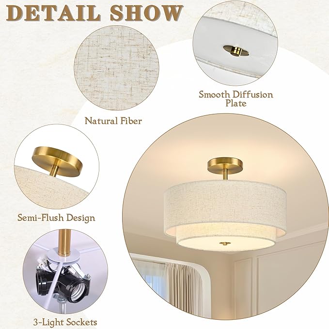 Bagood 16 Inch 3 Light Semi Flush Mount Ceiling Light Fixture Modern 2 Pack Gold Drum Ceiling Light Fixture with 2-Layer Fabric Shade Dimmable Close to Ceiling Light for Bedroom Living Room Hallway