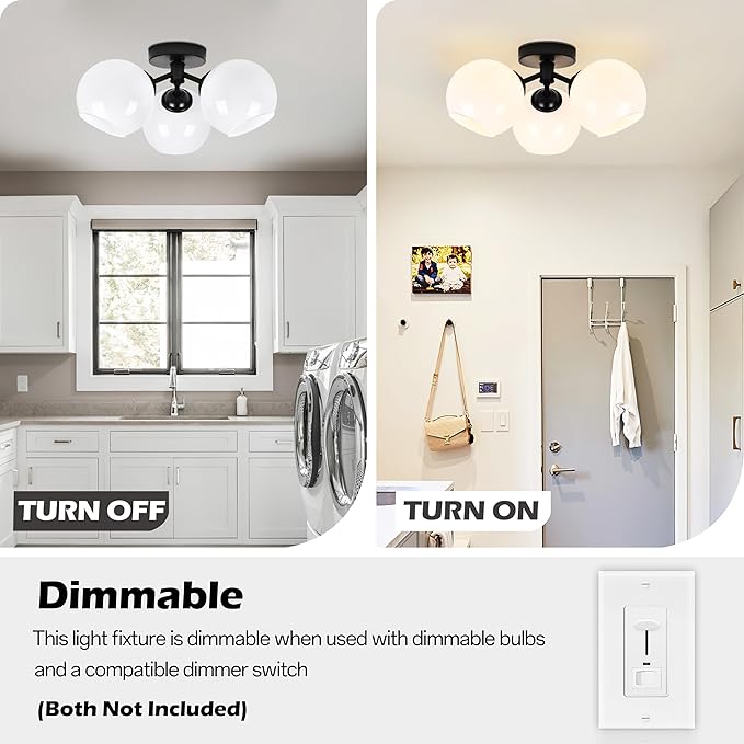 KoKo&Yukina 3-Light Mid Century Modern Black Semi Flush Mount Ceiling Light Globe Sputnik Chandelier Fixture Milk Glass Globe Ceiling Lights for Bedroom Living Room Hallway Entryway Foyer