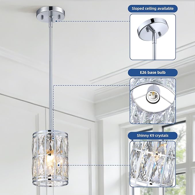 2-Pack Crystal Pendant Light, Modern Chrome Finish Hanging Lighting with Clear Crystal Chandelier, Adjustable Height Mini Island Light Fixture for Kitchen, Dining Room and Living Room