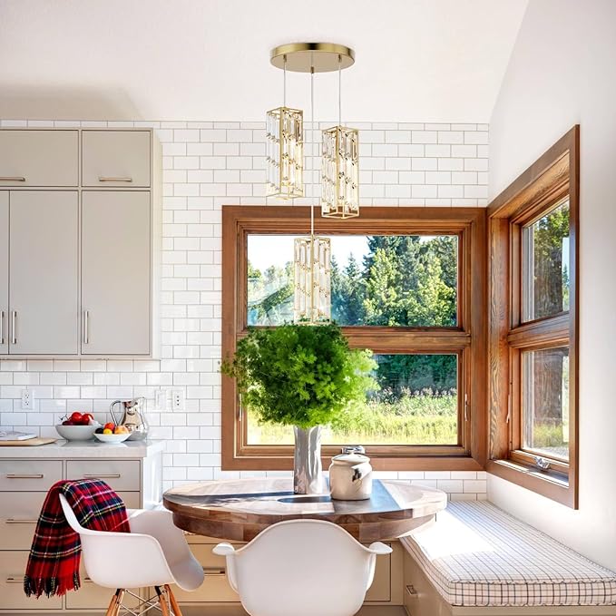 3-Light Brass Pendant Lights Modern Pendant Light Fixture, Mini Crystal Pendant Ceiling Light, Pendant Light for Kitchen Island, Dinning Room, Bedroom, Kitchen Sink Lighting (3 Lights)