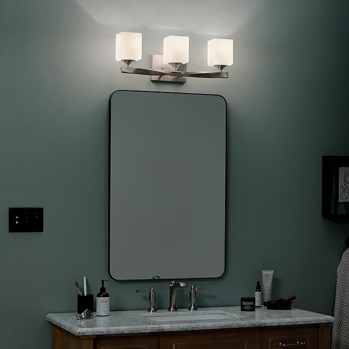 Kichler Marette 22.75" Vanity Light in Brushed Nickel, 3-Light Modern Bathroom Light with Satin Etched Cased Opal Glass, (22.75" W x 8" H), 55002NI