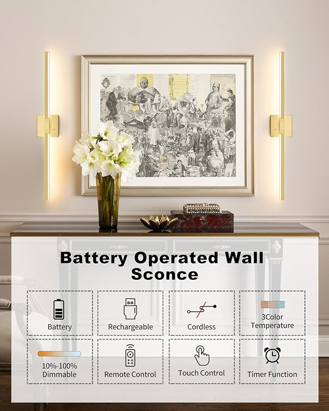 Rayogale 40 Inch 8000mAh Rechargeable Wall Sconce with Remote Control, 3000K/4500K/6000K Dimmable Battery Operated Wall Sconce Set of 2 with Timer, Wireless Wall Lights for Living Room Bedroom, Gold