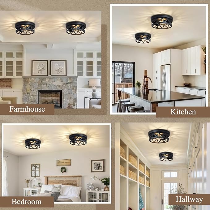 Black Flush Mount Ceiling Light Fixture,2-Light Hallway Light Fixtures Ceiling,Light Fixtures Ceiling Mount for Hall,Kitchen,Farmhouse (2 Pack)