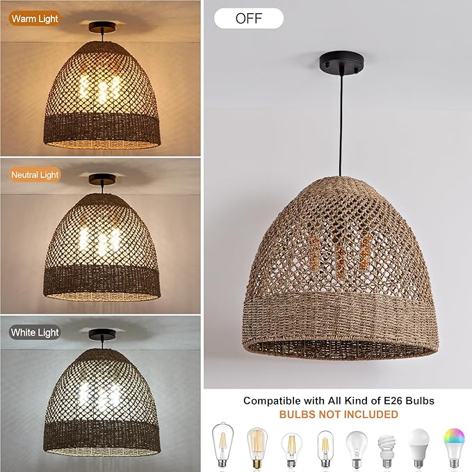 18.9" Farmhouse Rattan Pendant Light Fixture 3-Lights Costoal Chandelier Boho Hand Woven Wicker Hanging Light Fixture for Kitchen Island Living Room Bedroom Dining Room Foyer Restaurant Coffee