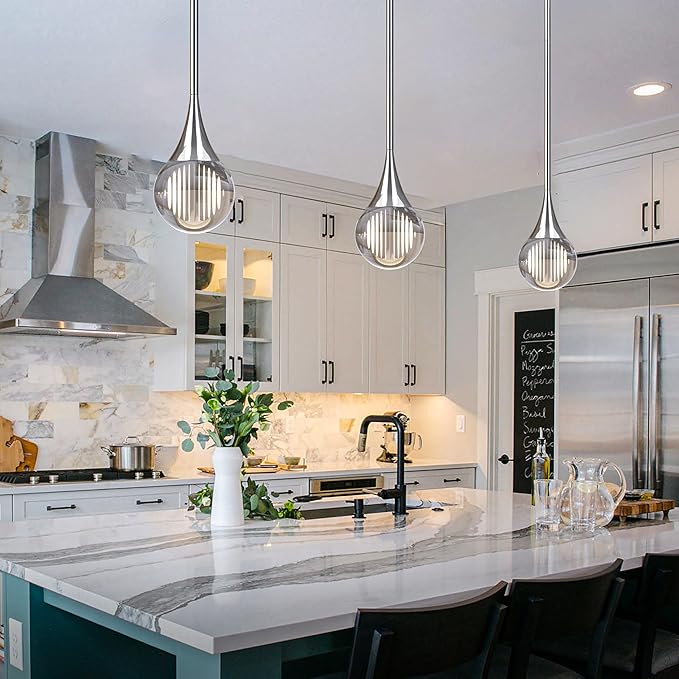 2-Pendant Lights Kitchen Island, Chrome Silver Globe Crystal Ceiling Hanging Light Fxitures, LED Light Fixtures Metal Rod Ceiling Glass Pendant Lighting for Kitchen Island Dining Room Bar