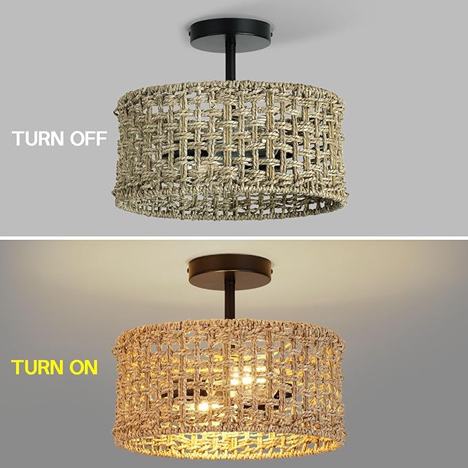 Boho Rattan Ceiling Light Fixture, 12.6" Woven Drum Flush Mount Light, Rustic Farmhouse Wicker Semi Flush Lighting for Bedroom, Kitchen, Living Room, Entryway, Hallway, Modern Coastal Lamp