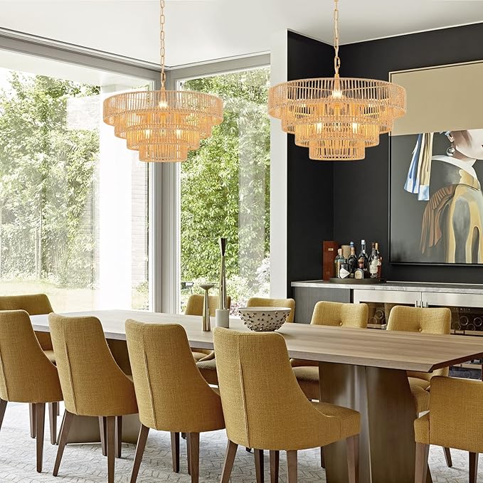 6-Lights Hand-Woven Rattan Pendant Light 4 Round Transitional Minimalist Boho Large Pendant Light for Kitchen Island Dining Room Living Room Hallway, Dia 20 Inch, UL Listed