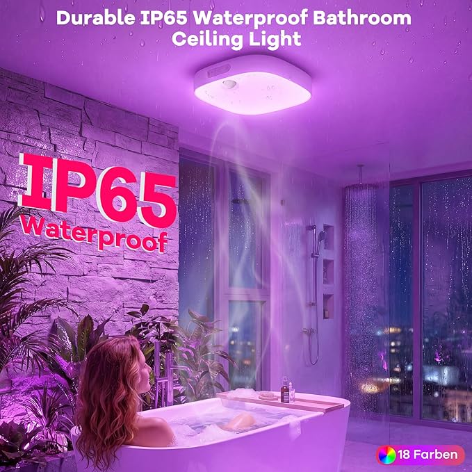 Shower Light IP65 Waterproof, Motion Sensor Ceiling Light, Rechargeable Closet Light with 10000mAh Battery & Remote, 18 RGB Colors LED Bathroom Shower Lamp for Inside Shower/Bathtub, Mood Lighting