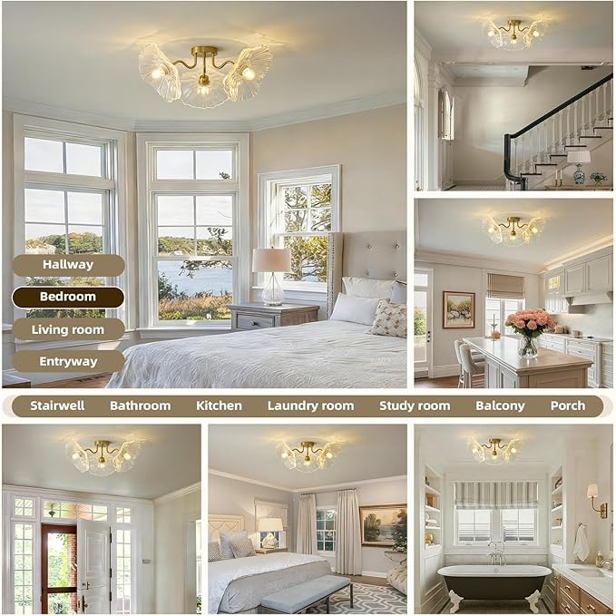 Flower Glass 3 Lights Ceiling Light - Gold Vintage Floral Semi Flush Mount Chandelier Lighting Fixtures - Mid Century Modern Art Deco Lamps for Bedroom Bathroom Hallway Foyer Hall Kitchen Living Room