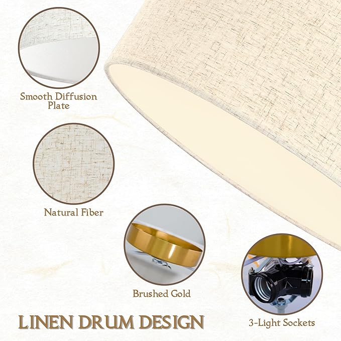 15.7 Inch Flush Mount Ceiling Light Gold Close to Lights Fixture with Fabric Shade 3-Light Drum Modern Lights for Dining Room Bedroom Hallway