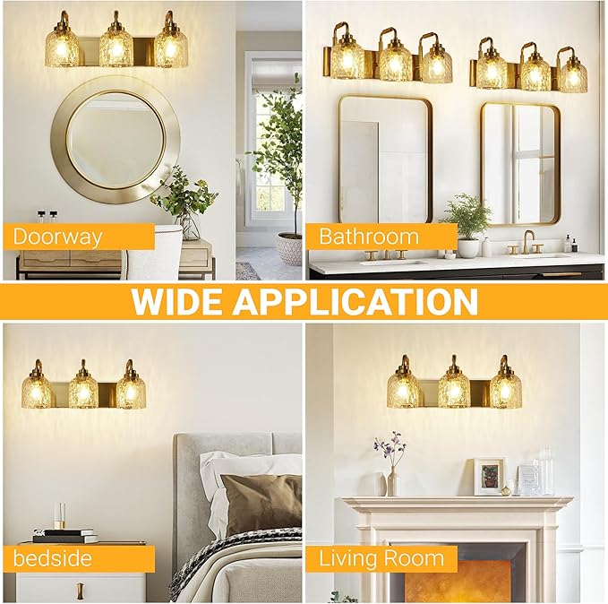 WJShome Modern Crystal Bathroom Vanity Light, 3-Light Gold Bathroom Light Fixtures, Vanity Lighting Fixtures Over Mirror with Clear Shades