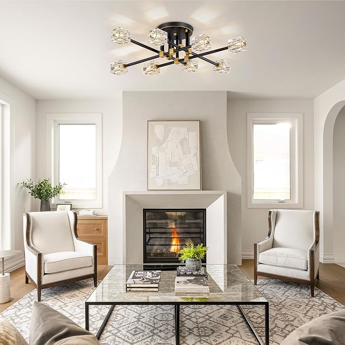 Modern Crystal Ceiling Light Fixture,Semi Flush Mount Ceiling Light with 8-Lights,Farmhouse Black and Gold Sputnik Chandeliers for Bedroom,Dining Room,Kitchen,Entrway,Foyer,Hallway