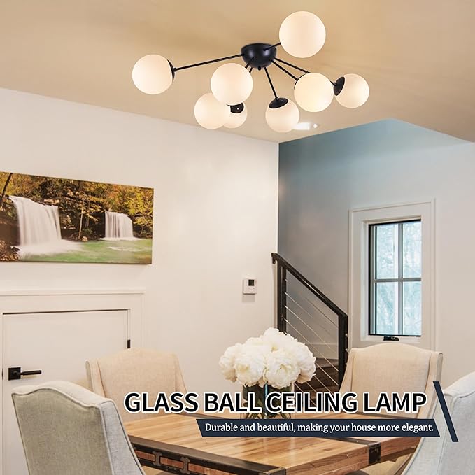 8 Light Mid Century Modern Semi Flush Mount Ceiling Light Fixture Globe Ceiling Light Sputnik Chandelier with Milk Glass Shade Matte Black Finish for Bedroom Hallway Dining Room Living Room