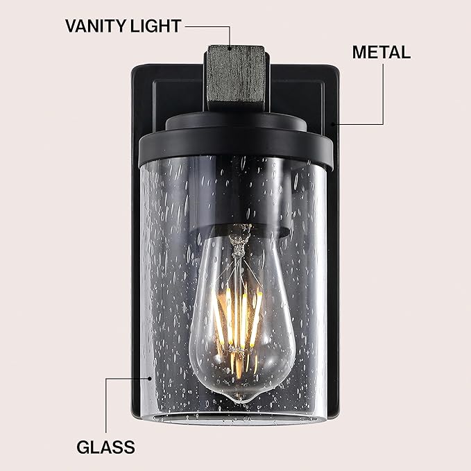 JONATHAN Y 4.5" Black/Gray Oak Wood Finish 1-Light LED Vanity Light, Rustic Farmhouse Sconce, Clear Seeded Glass Shade, Industrial Wall Lamp for Bathroom Mirror, Kitchen Sink, LED Bulb (JYL7507B)