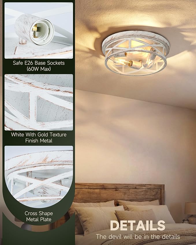 1 Pack Flush Mount Ceiling Light, 3-Light Close to Ceiling Light Fixtures, 13 Inch Metal Ceiling Lights for Bedroom, Living Room, Porch Kitchen (White + Gold)