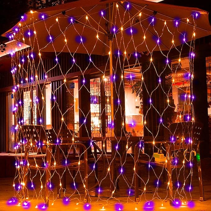 Dazzle Bright Halloween 360 LED Net Lights, 12FT x 5FT Connectable Waterproof String Lights Clear Wire with 8 Modes, Halloween Decorations for Indoor Outdoor Party Yard Garden Decor, Purple & Orange
