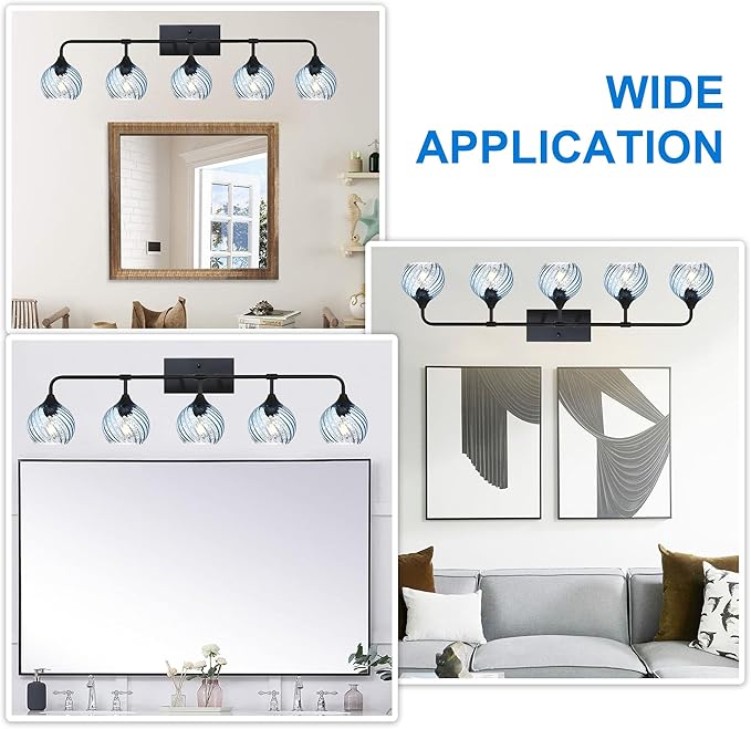 MELUCEE 5-Light Bathroom Light Fixtures 42 Inches, Matte Black Vanity Lights with Blue Striped Swirl Glass Shade, Mid-Century Modern Bathroom Vanity Light Over Mirror