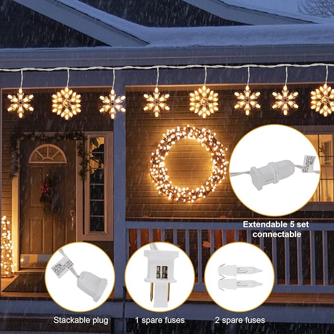 8.5 FT Snowflake Lights with 6 Drops, 100 Counts Clear Blubs Christmas String Lights, Plug in & Connectable Icicle Fairy Curtain Light Set for Xmas Home Indoor Outdoor Party Wedding Decorations