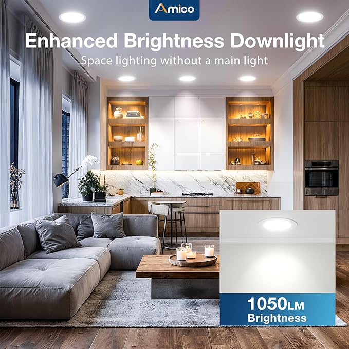 Amico 12 Pack 6 Inch 5CCT Ultra-Thin LED Recessed Ceiling Light with J-Box, 2700K/3000K/3500K/4000K/5000K Selectable, 12W=110W, Dimmable Canless Downlight, 1050LM High Brightness, ETL&FCC