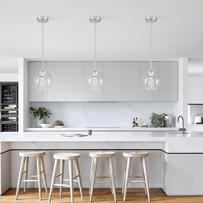 7 Inch Nickel 2-Pack Modern Pendant Lights Kitchen Island Mid Century Modern Pendant Light Fixtures with Clear Glass Globe Modern Hanging Pendant Light for Bathroom Bedroom （Bulb Incl）