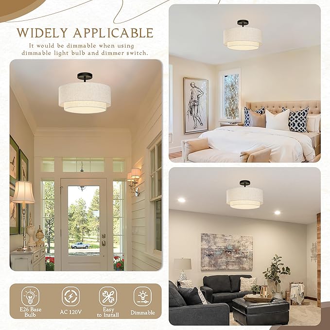 15.7 Inch Flush Mount Ceiling Light Black Close to Lights Fixture with 2-Layer Fabric Shade 3-Light Drum Modern Lights for Dining Room Bedroom Hallway