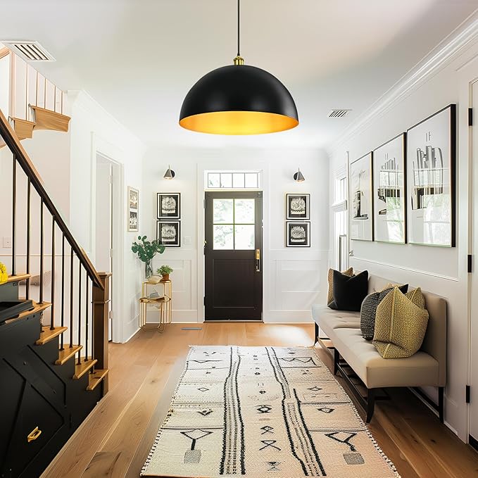 Black-Farmhouse Pendant-Light Hanging-Lamp Fixtures - 16 inch Kitchen Island Pendant Lights Industrial Dome Ceiling Lighting Dining Room Large Vintage Light for Indoor Black and Gold
