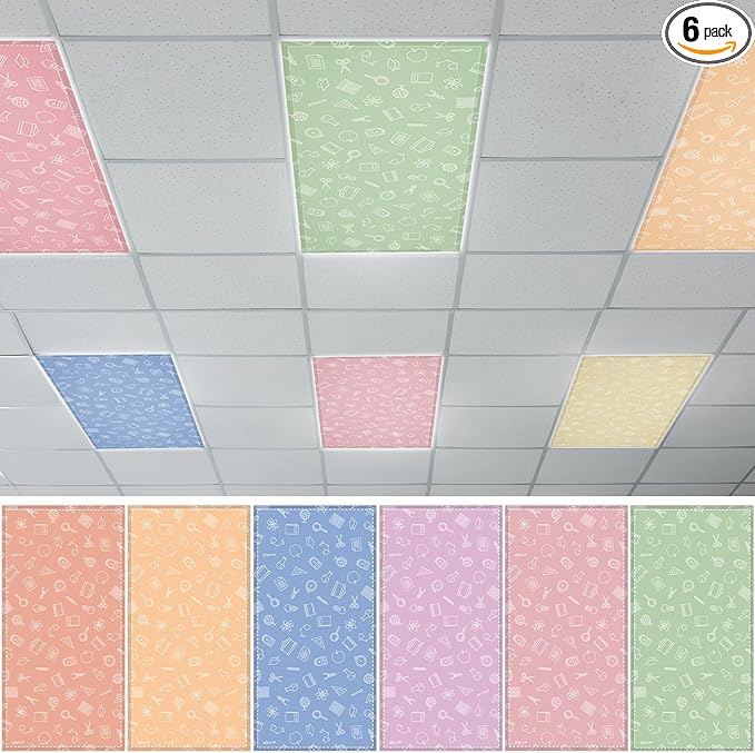 Wiooffen 6 Pcs Fluorescent Light Cover with 60 Magnets Decorative for Classroom Ceiling Light 4 x 2 Feet Magnetic Light Cover Filter Easy Install for Office Hospital Home Ceiling Supplies (Stationery)