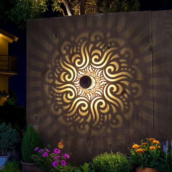 4 Pack Solar Fence Lights Metal Solar Powered Outdoor Wall Deck Step Lights Mandala Theme Waterproof Fence Light for Garden Post Patio Backyard Yard Decor, Gardening Gifts for Women Mom Grandma