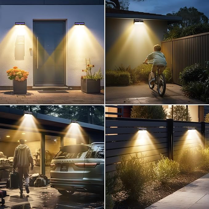 2 Pack 368 LED Solar Motion Sensor Lights Outdoor, Solar Fence Lights with 3 Lighting Modes, Solar Powered Security Lights Waterproof for Outside Yard Wall Garden Backyard Step, Warm White