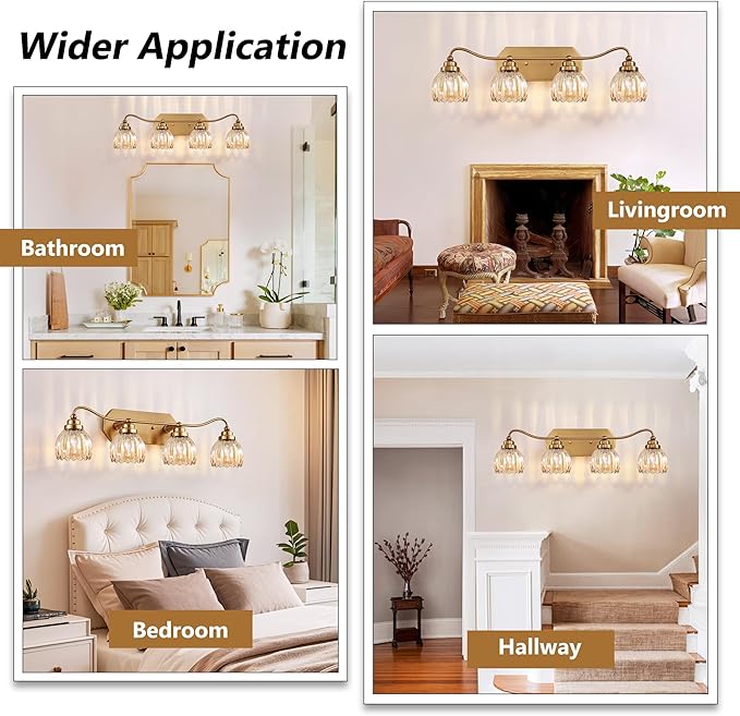 Vintage Bathroom Light Fixtures, 4 Light Gold Bathroom Vanity Light, Matte Antique Brass Finish with Amber Crystal Glass Shade, Wall Sconces Lighting for Bedroom, Living Room（Amber-colored Glass）