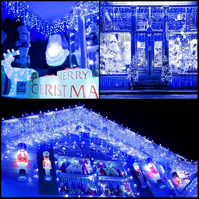 KiflyTooin Solar Christmas Lights Outdoor Waterproof Christmas Decorations Curtain Lights 320LED 29.5ft 60 Drops, Solar Powered Rechargeable Fairy Lights for Party, Wedding, Home Decorations(Blue)
