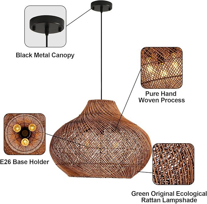 18.9IN Boho Rattan Chandelier 3-Lights Hand-Woven Rattan Pendant Light Farmhouse Wicker Dining Room Light Hanging Bamboo Pendant Light Fixture for Kitchen Island Living Room Hallway Reataurant