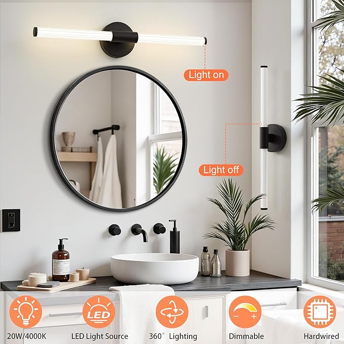Dimmable LED Bathroom Vanity Lights 360° Full Lighting Bathroom Light Fixtures Over Mirror Vanity Light Bar Modern Wall Sconce 4000K Natural White Light for Home Hardwired, Black, 24 inch