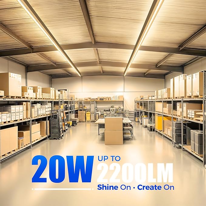 Barrina 12 Pack T5 LED Shop Light 4FT, 3000K Warm White, 2200lm, 20W, Utility Linkable Ceiling and Under Cabinet Light Fixtures, ETL Listed, Corded Electric with ON/Off Switch for Garage Workshop