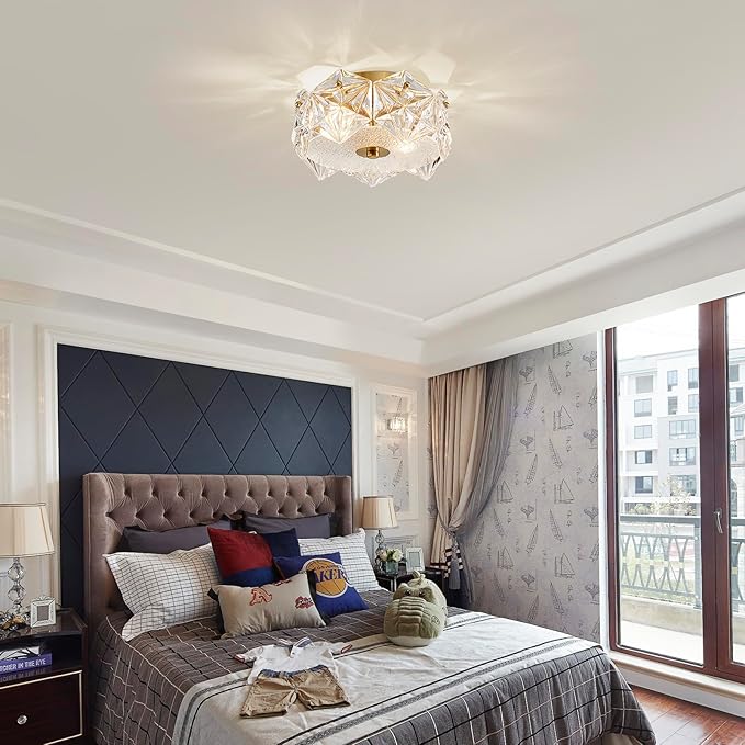 AGV LIGHTING CL058 Flushmount Ceiling Light Fixture, Close to Ceiling, Modern Design, 2-Lights, D9 x H5, Perfect for Living Room, Shield Shaped Glass Shade & Gold Finish Frame