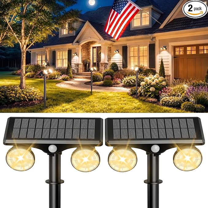Solar Spot Lights Outdoor Waterproof 2Pack,Solar Uplights Motion Sensor Landscape Lighting for Outside Yard Garden Pathway,Solar Tree Spotlight 2-in-1 Adjustable Dual Heads(Warm Light)