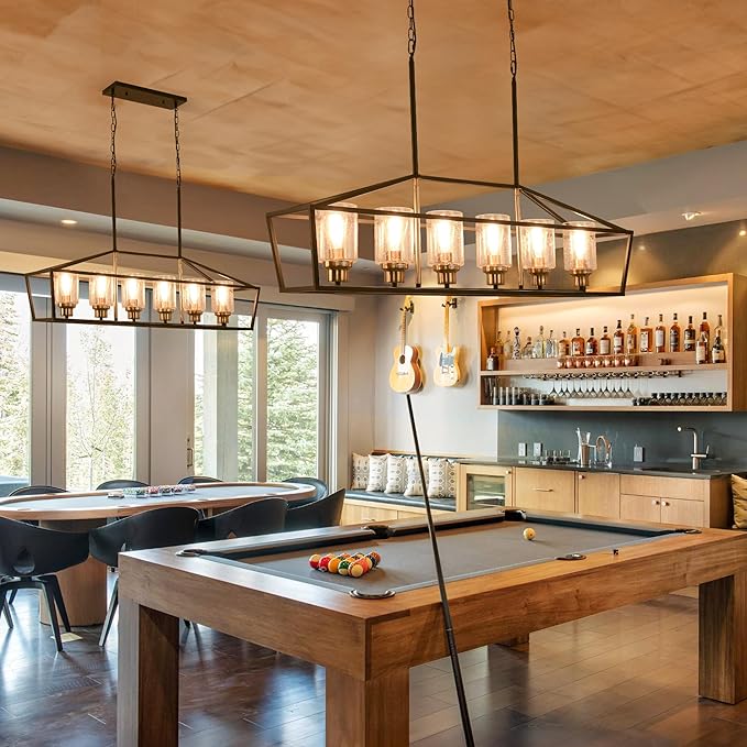 Black Kitchen Island Lighting, 6-Light Modern Farmhouse Dining Room Light Fixtures Over Table, Rectangle Linear Chandelier with Bubble Seeded Glass Shade and Brushed Brass Socket