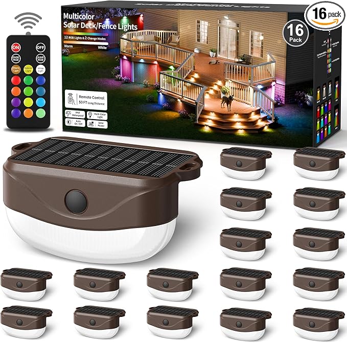 Solar Deck Lights Outdoor 16 Pack, 12 Color Changing Solar Powered Step Lighting with Remote, IP67 Waterproof Led RGB Colors Lamp for Outside Fence, Step, Stair Railing, Wall, Patio, Pool