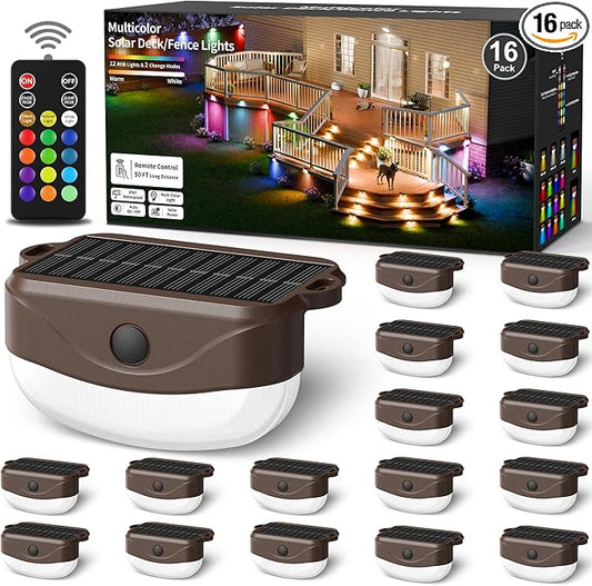 Solar Deck Lights Outdoor 16 Pack, 12 Color Changing Solar Powered Step Lighting with Remote, IP67 Waterproof Led RGB Colors Lamp for Outside Fence, Step, Stair Railing, Wall, Patio, Pool