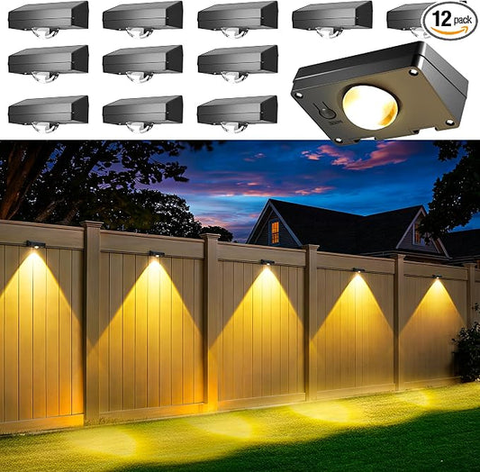 AUDERWIN Solar Fence Lights Outdoor Waterproof 12 Packs, Fence Lights Solar Powered, 3 Lighting Modes LED Lens Light for Wall, Backyard, Deck, Patio, Step, Stair, Porch, Pool Decor