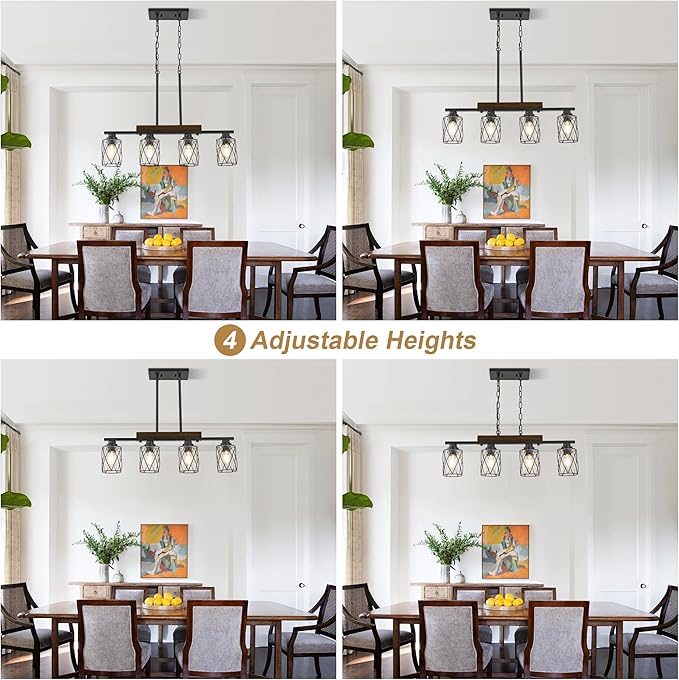 4-Light Dining Room Light Fixture/Chandelier Over Table, Island Lighting Hanging for Farmhouse Linear Chandeliers Matte Black Rustic Wood Ceiling Pendant Light Fixtures, with Clear Glass Shade